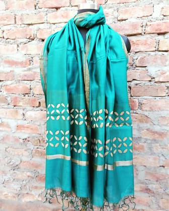 Chic Chanderi Silk Hand Applique Turquoise Blue Dupatta