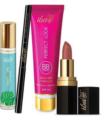 Iba Bestsellers Bundle Rain Drops Perfume, Kohl Kajal, BB Cream,Medium Shade, Lipstick, (Pack of 4)