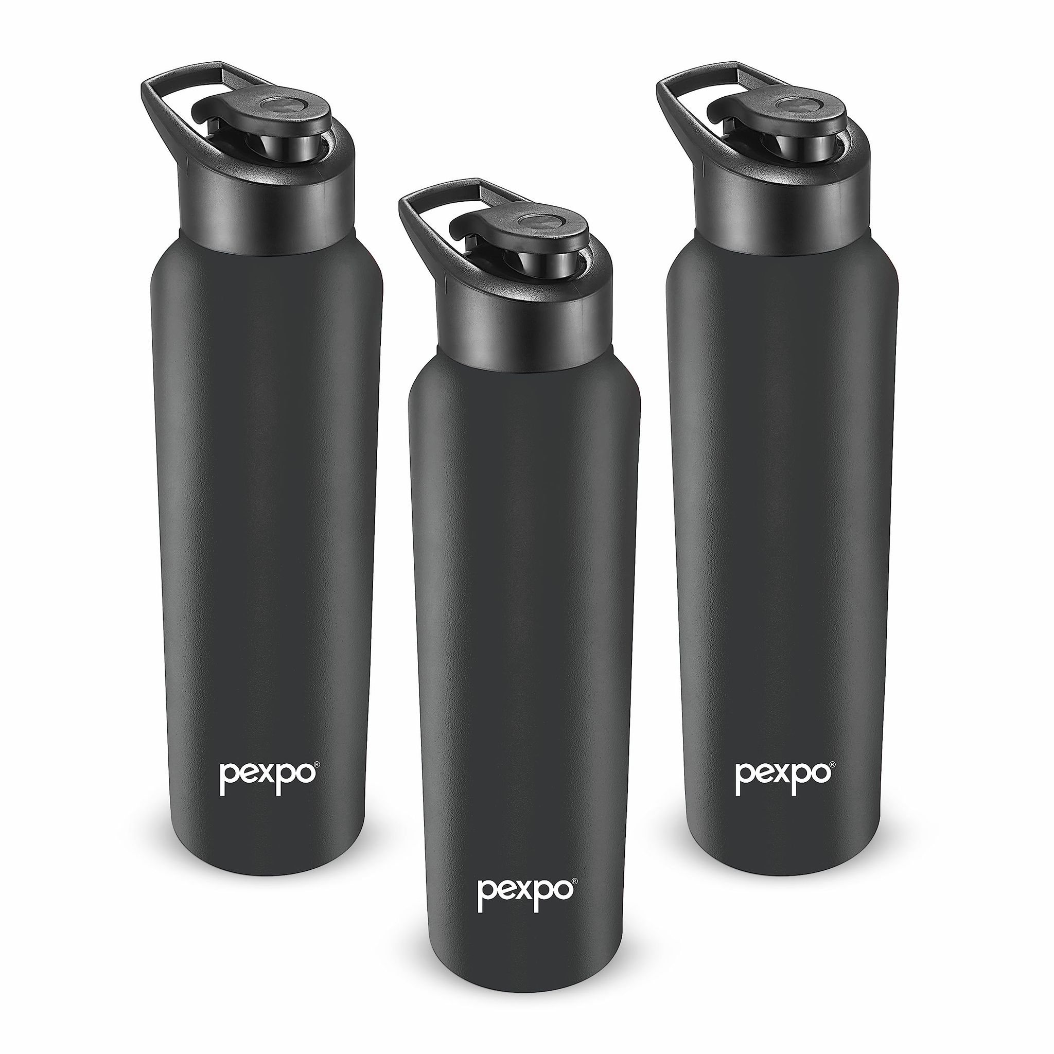 PEXPO Stainless Steel Sports/Fridge Water Bottle, 750 ml, Knight Black, Chromo Xtreme | Wide Mouth & Leak-Proof Water Bottle (Pack of 3)