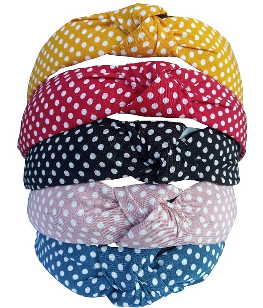 FOK 5 Pieces Non Slip Fabric Polka Dots Knot Wide Elastic Headbands for Women & Girls