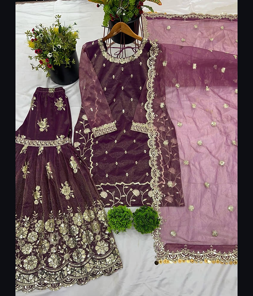 YASHASVI ENTERPRISE Women Net Embroidered Straight Kurti With Sharara And Gharara ( Multicoloured )