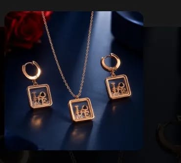 Stylish Love Square Pendant Necklace & Hoop Earrings Set Party Wear for Women