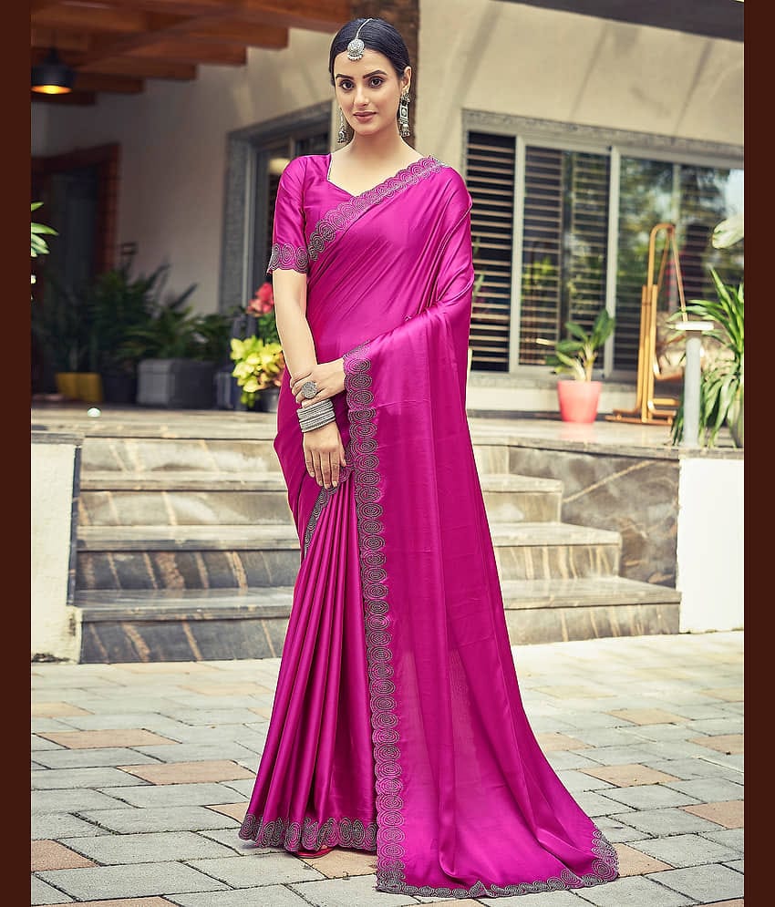 Samah Satin Solid Saree With Unstitched Blouse Piece ( Pink )