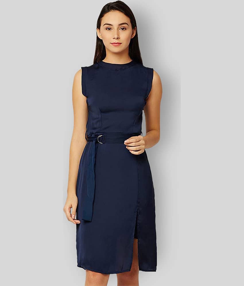 Miss Chase Women Satin Solid Shift Dress ( Navy Blue )