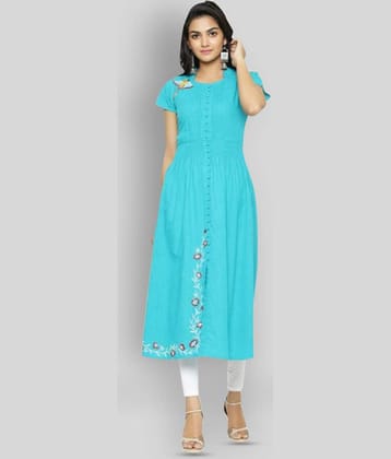 Yash Gallery Pack of 1 Cotton Blend Embroidered Flared Women's Kurti - ( Turquoise )
