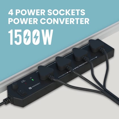 Portronics Power Plate 10, 1500 Watts, 3M Long Cord, 4 Universal Sockets (Black)