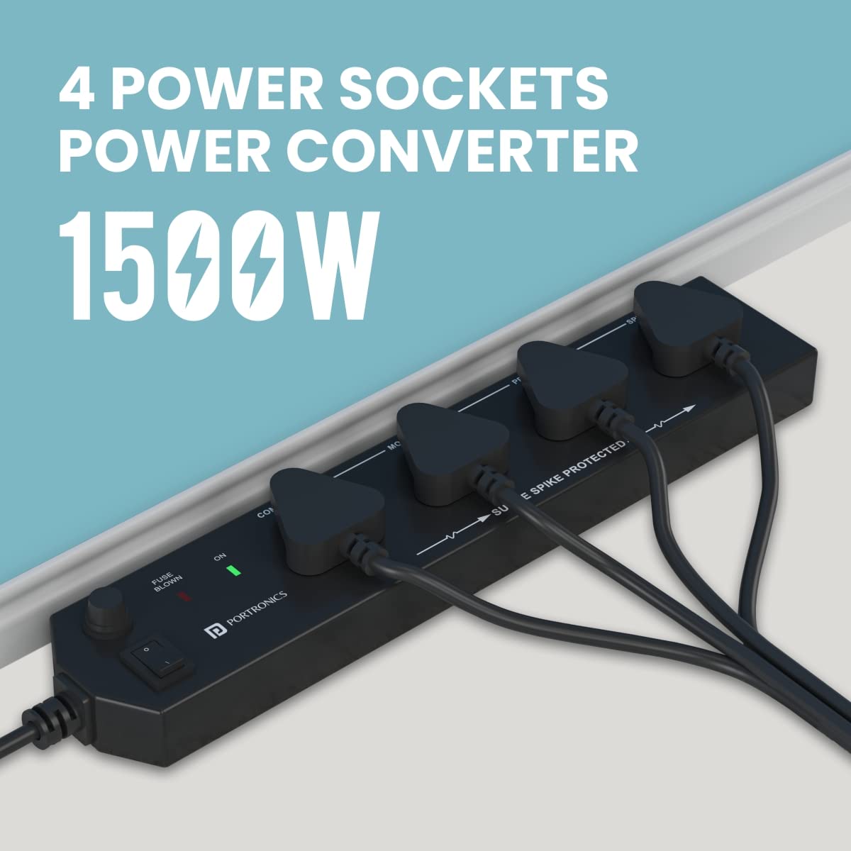 Portronics Power Plate 10, 1500 Watts, 3M Long Cord, 4 Universal Sockets (Black)