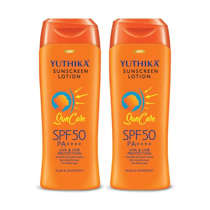 Yuthika Sunscreen Lotion SPF 50 PA++++ with UVA & UVB Protection, Sun Cream for All Skin Types - 300ml Pack of 2