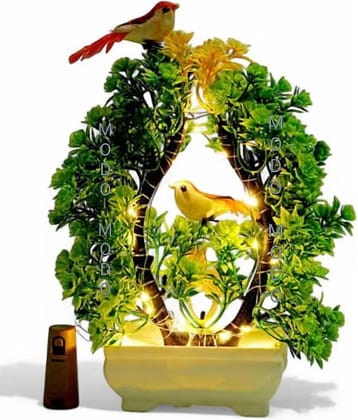 Modo® Trendy Green & Yellow Artificial Bonsoi Tree With LED Light & Pairs of Cute Sparrow- 'Living Room' Dining Table, Home,Office Party,Speacial Ocassion Indoor Décor, Festival Theme Decorative Gift for Couple & DIWALI