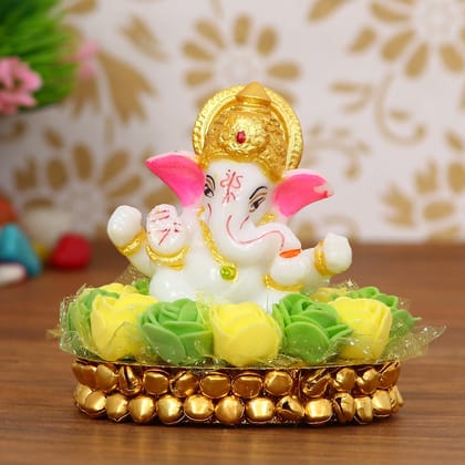 Lord Ganesha Idol On Decorative Handcrafted Green And Yellow Flowers Plate