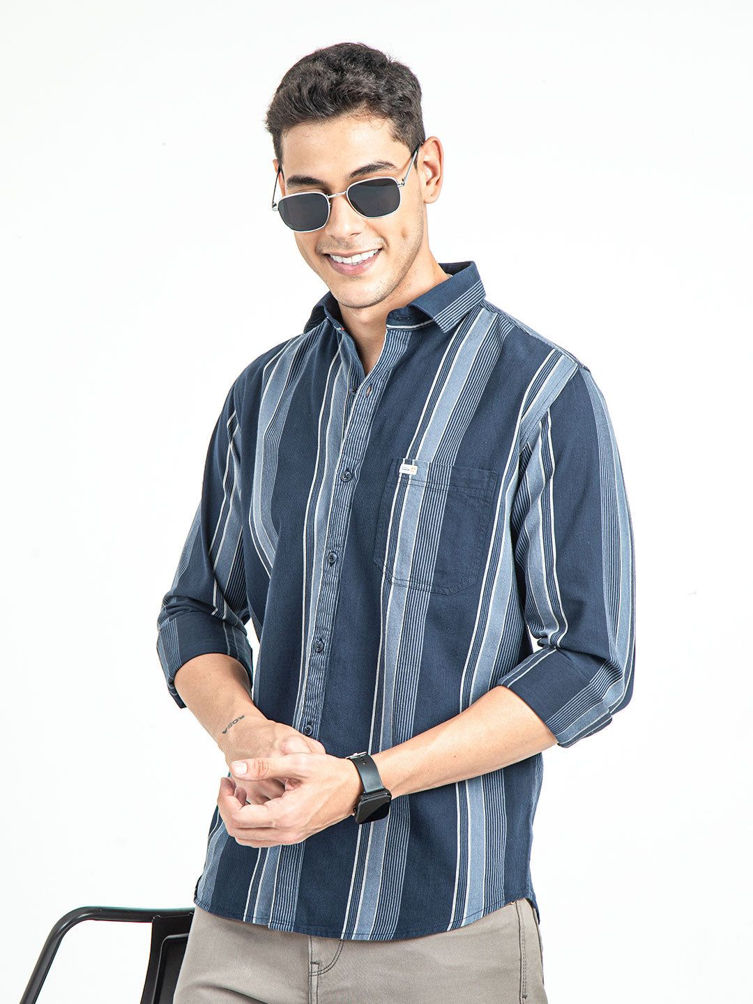 Men's Vertical Striped Pure Cotton Slim Fit Shirt | Rick Rogue-Navy / XL/42