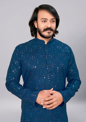 Mens Mirror worked embroidered kurta(Only Kurta)-S / Blue