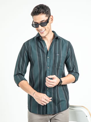 Men's Slim Fit Vertical Thick Striped Casual Pure Cotton Shirt | Rick Rogue-Green / M/38