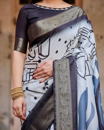 Monochrome Abstract Tussar Silk Saree with Charcoal Gray Zari Border-Regular