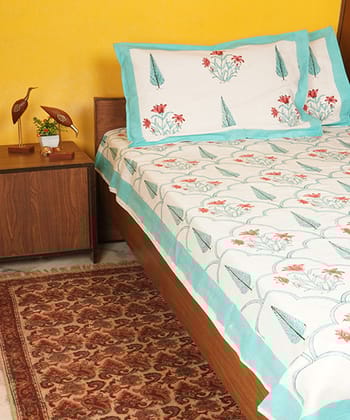 White sky blue cotton hand block printed bedsheet