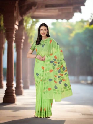Light Green Soft Cotton Floral Printed Saree