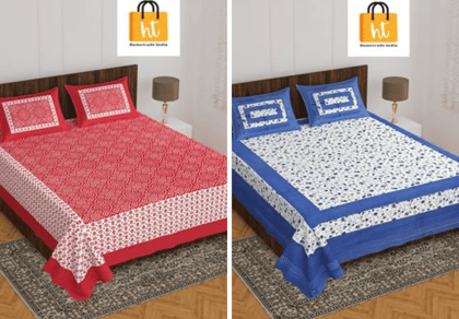 2201-Hometrade India- Standard Double Size (90*100 in )-Combo Jaipuri Double bedsheet With Matching Pillow Cover