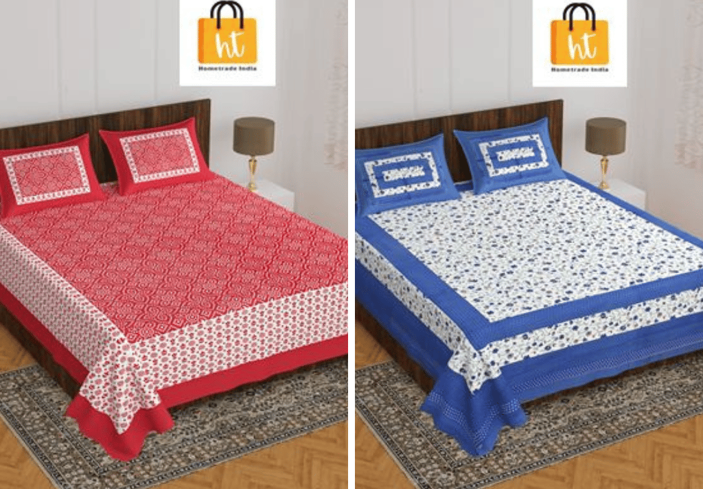 2201-Hometrade India- Standard Double Size (90*100 in )-Combo Jaipuri Double bedsheet With Matching Pillow Cover