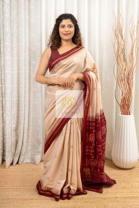 Ek Phulia Cotton Saree-Beige Maroon