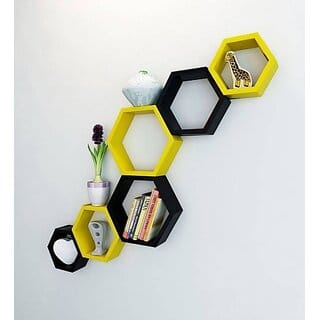 Onlinecraft Room Wall Decor Wooden Wall Shelf (Number Of Shelves - 6, Black, Yellow, Multicolor)