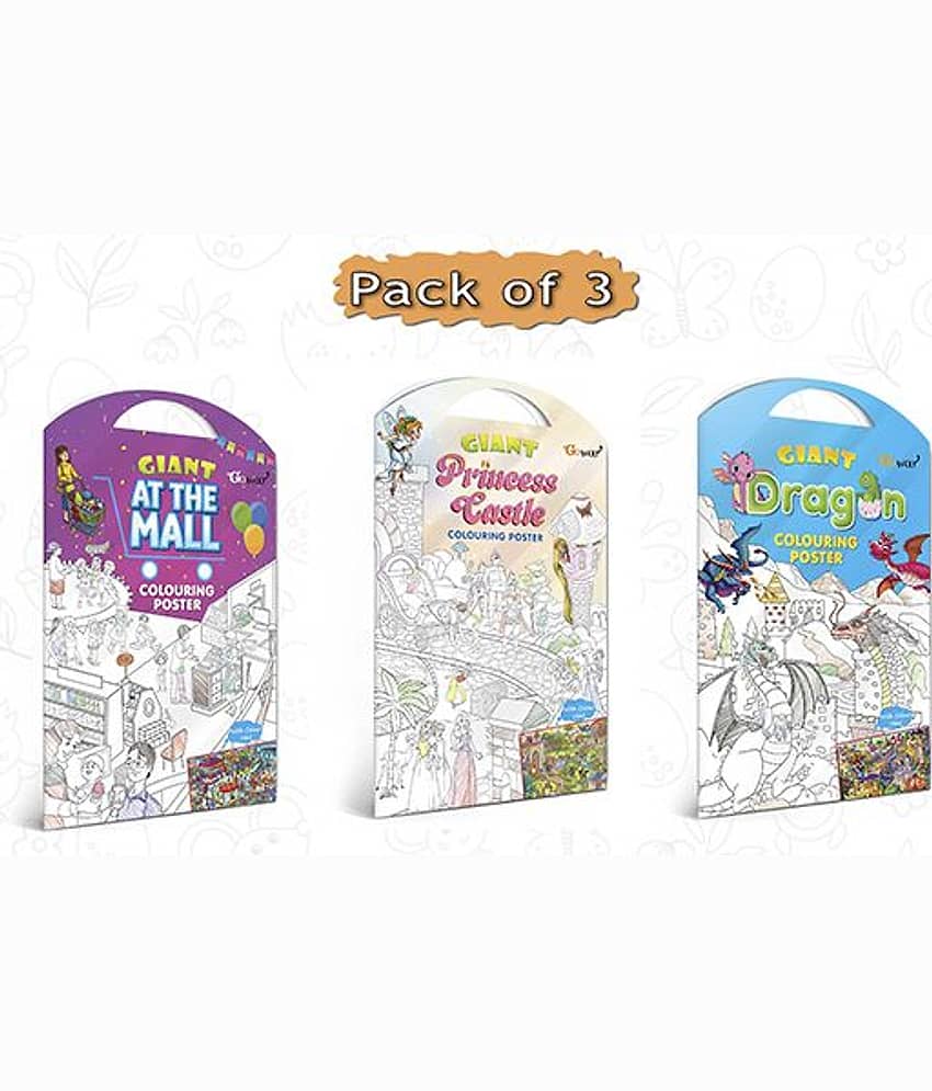 GIANT AT THE MALL COLOURING POSTER, GIANT PRINCESS CASTLE COLOURING POSTER and GIANT DRAGON COLOURING POSTER | Pack of 3 Posters I Happy Coloring Set
