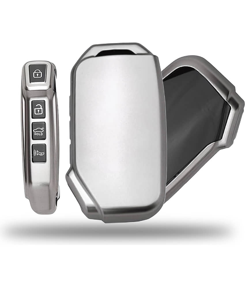 SIAGO TPU Key Cover and Metal Keychain Compatible for Kia Seltos 2023 Facelift HTX | Carens X Line 4 Button Smart Key (Grey Pack of 1)