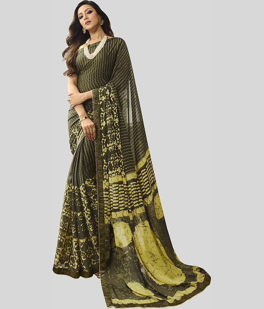Gazal Fashions Chiffon Printed Saree With Unstitched Blouse Piece ( Green,Yellow )