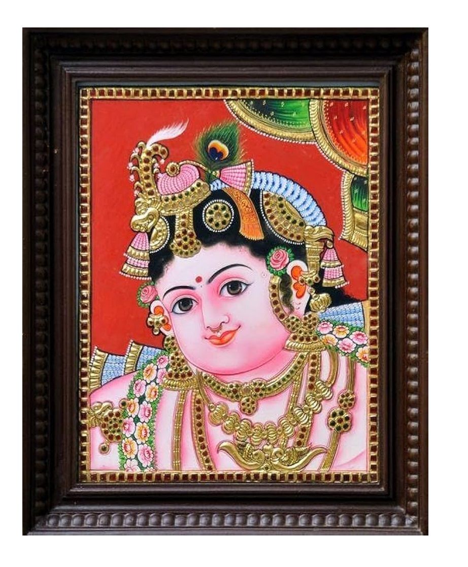 Small Krishna Traditional Tanjore Painting By Authentic Handcrafted Method (Size 18x14)