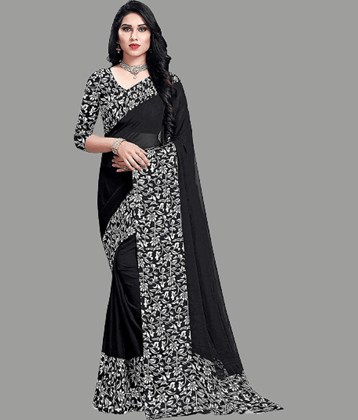Sanjana Silk Georgette Printed Saree With Unstitched Blouse Piece ( Black )