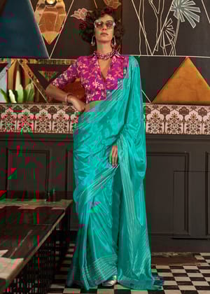Turquoise Green Soft Silk Banarasi Saree With Brocade Blouse