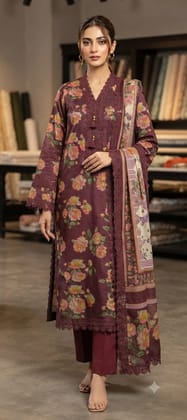 Maroon Floral Printed 3-Piece Pakistani Lawn Suit with Lace & Tassel