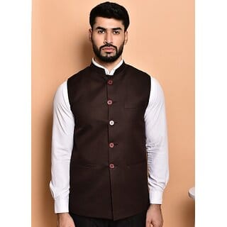 PrintCulture Men Solid Brown Cotton Blend Nehru Jacket