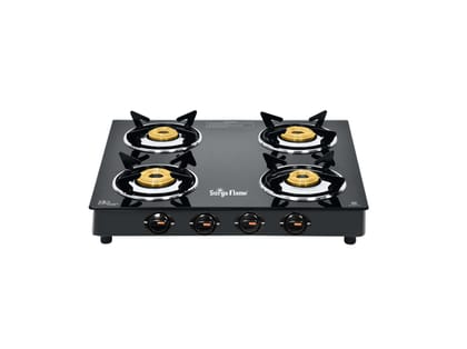 Surya Flame Splendor 4 Burner Gas Stove, Toughened Glass Top,  Brass Burners, Durable Brass Valve, Fuel Efficient 69%+ - Black