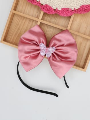 Satin Bow Hairband with Butterfly - Rose Gold-one Size / Rose Gold