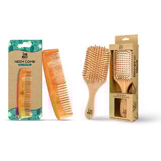 IMECO Neem Wood Dual Tooth Comb  Bamboo Paddle Hair Brush for Men  Women (Pack of 2)