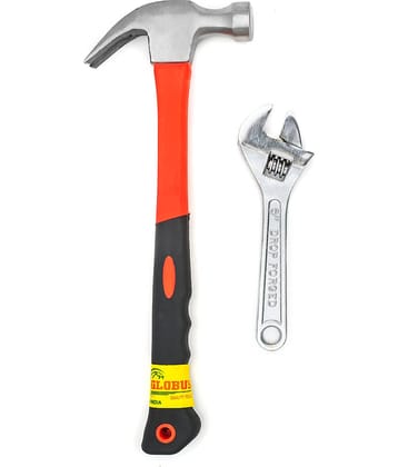 Globus 1628-Curved Claw Hammer with FIBER GLASS Handle and Rubber SHOCK PROOF Grip (0.40 kg) and Adjustable Wrench/ Spanner Chrome Finish (6 inch / 150mm ).