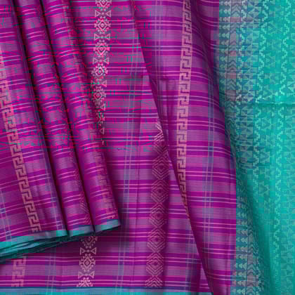 Magenta And Blue Borderless Kanchipuram Soft Silk Saree For Festive Wear PV RSP 174
