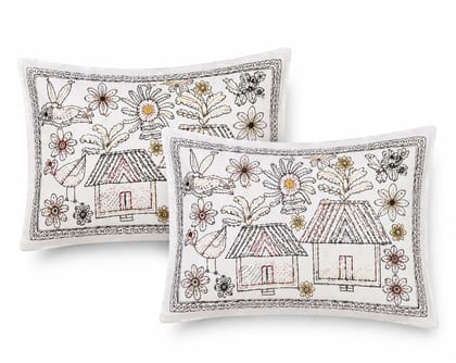 DHRUVINSRI Pure Cotton, Kantha Print King Size Bed Bedsheet 90*108 In, with 2 Pillow Covers, 220 TC- White Ivory