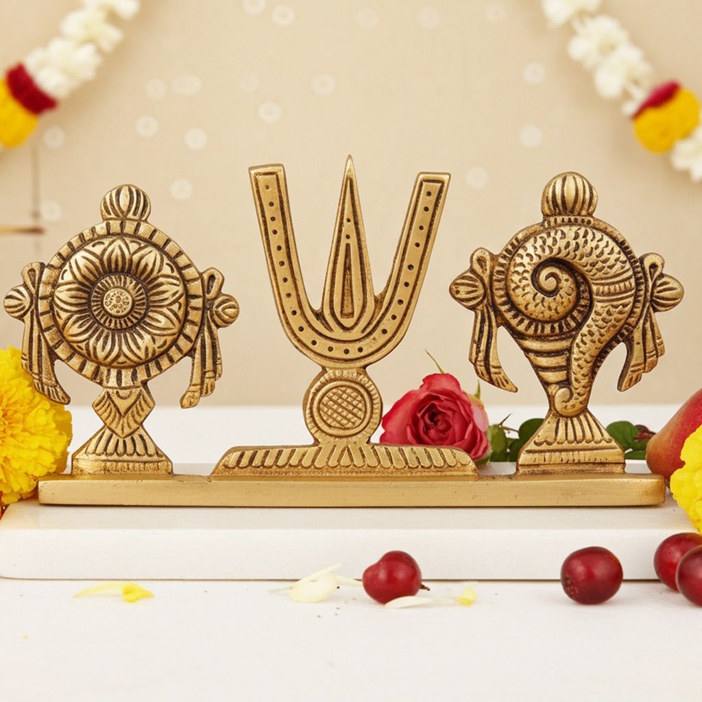 Brass Showpiece Shankh Chakra Namah God Idol Statue, Height : 3 Inch (BSMAS1072 Y)