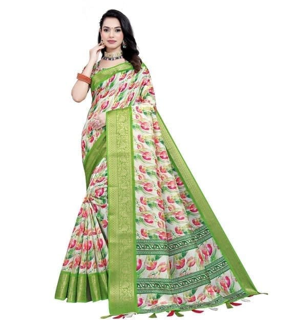 Women's Cotton Silk Floral Printed Saree With Unstitched Blouse 5.5Mtr (Green-White)-PID66674