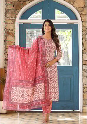 White & Red Floral Print kurta Pant set with Dupatta-M