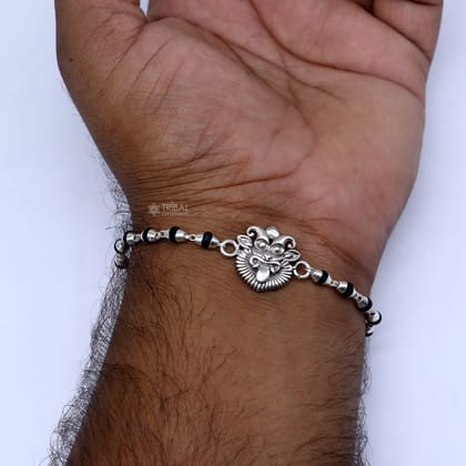 925 sterling silver handmad Evil eye ( nazar battu )design  holy basil rosary beads  Rakhi bracelet, black Tulsi beaded bracelet rk401-6