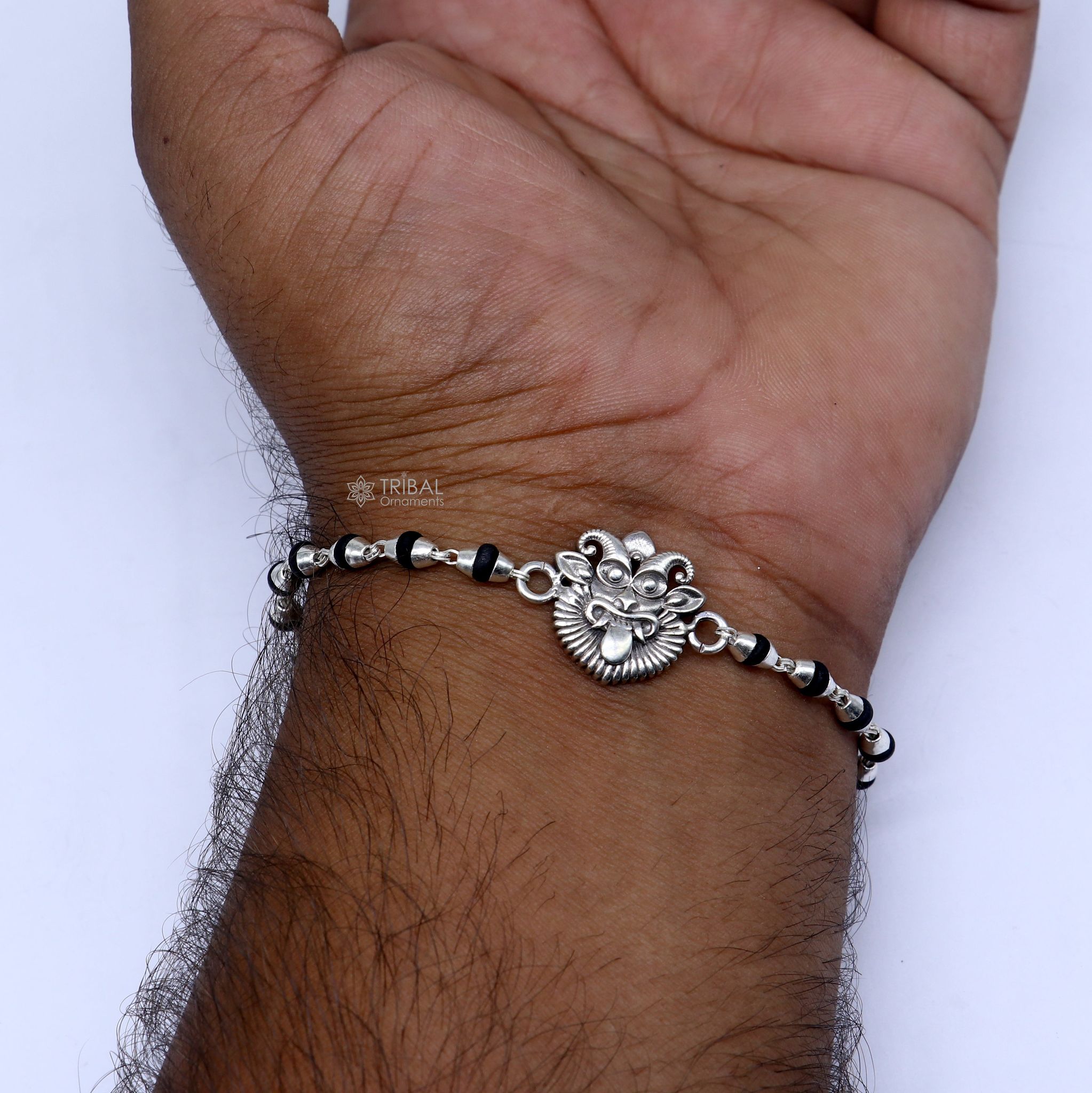 925 sterling silver handmad Evil eye ( nazar battu )design  holy basil rosary beads  Rakhi bracelet, black Tulsi beaded bracelet rk401-6
