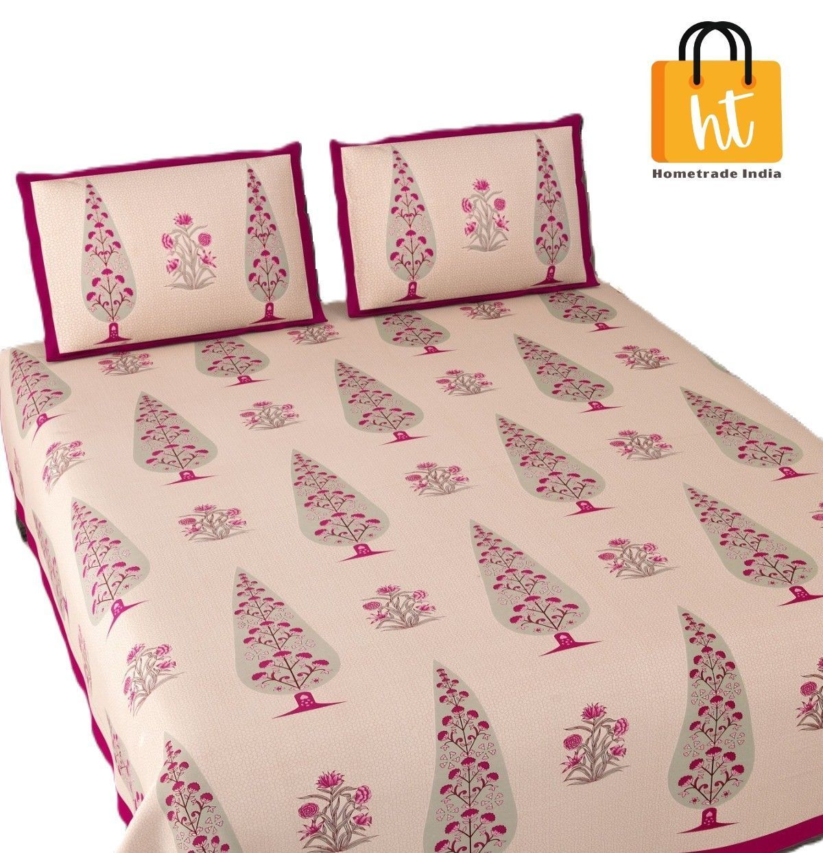 3001-Hometrade India-Standard King Size (90*108 Inches) Double Bedsheet With 2 Pillow Cover-RJ-14-Jaipur lining-3370