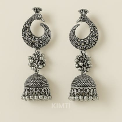 Silver Oxidised Peacock Jhumka Earrings