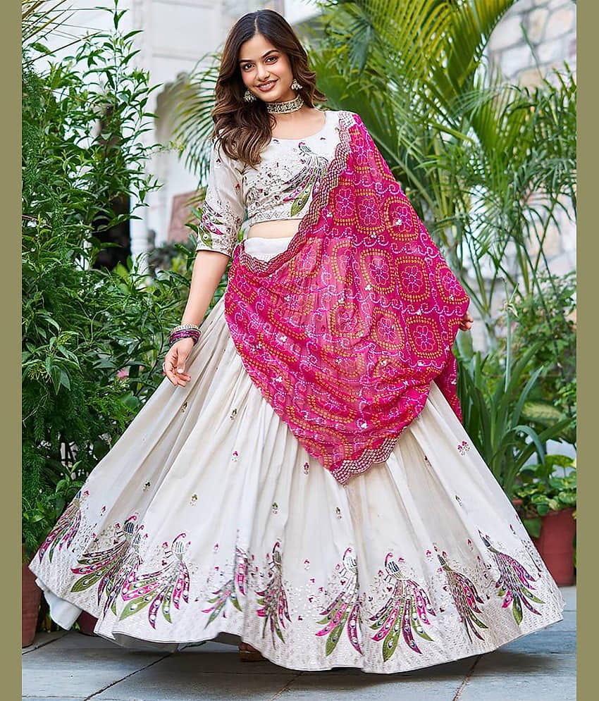 kedar fab White Silk Circular Semi Stitched Lehenga Single