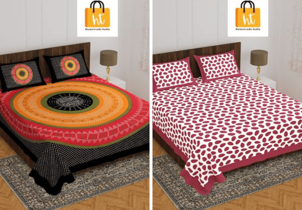 3001-Hometrade India-Standard King Size (90*108 Inches)-Buy Pure Cotton Jaipuri Printed Flat King Size Double Bedsheet With 2 Matching Pillow Cover