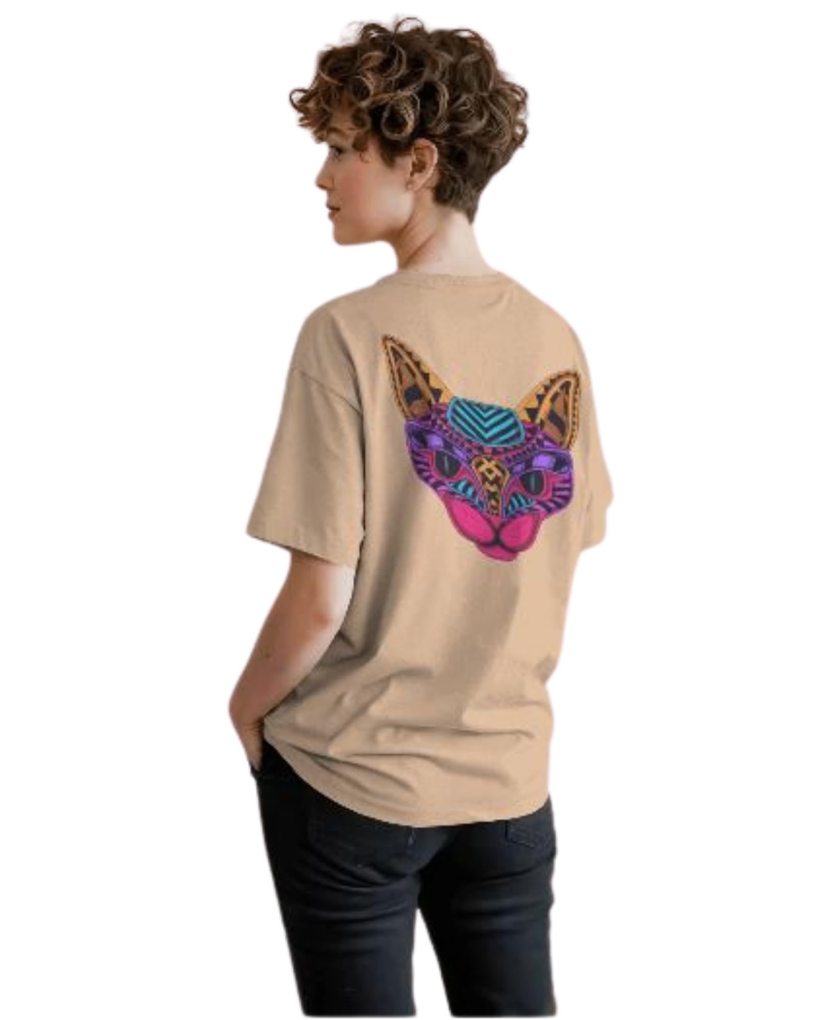 Women's Graphic Printed Cotton Short Sleeve Shirt Biege (Size M)