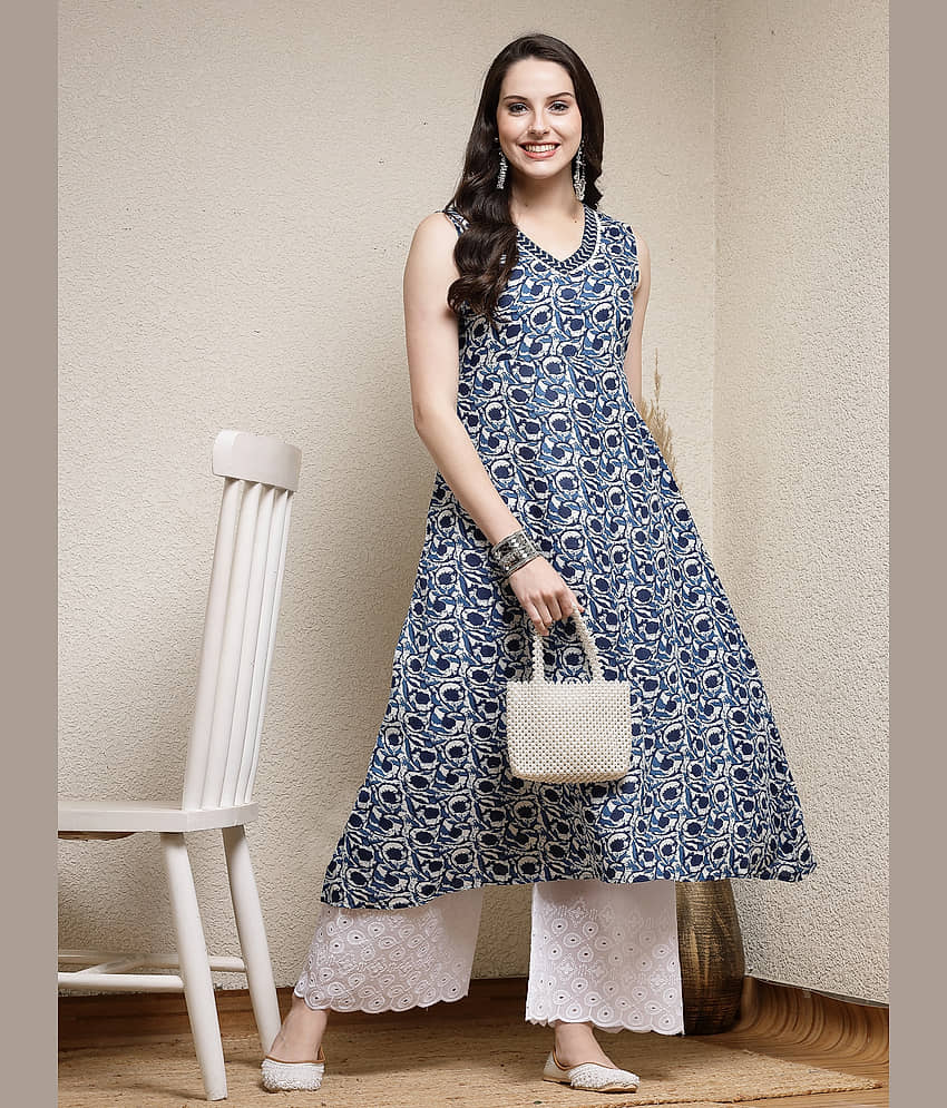 Stylum Cotton Blend Printed A-Line Women's Kurti - Indigo ( Pack of 1 )