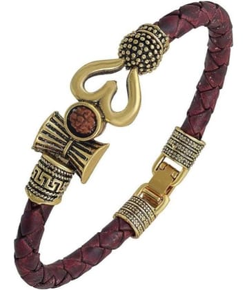 KANHA ROYAL Rudraksha OM Trishul Damroo Designer Oxidized Gold Bahubali Leather Kada Bracelet for Men & Women